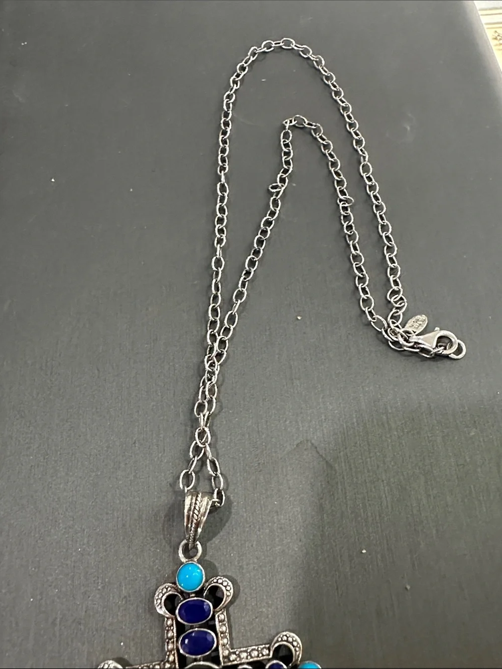 Nicky Butler Silver Cross Necklace with lapis Turquoise and Labordorite.